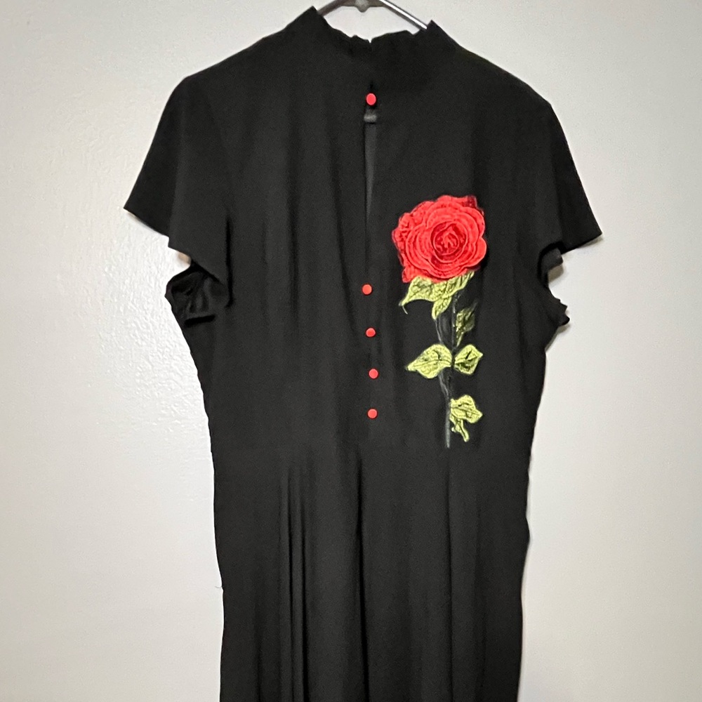 Unique Vintage Black Dress with Red Rose Embroidery